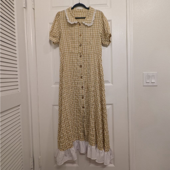 Floral Garden Midi Dress with Peter Pan Collar - Yellow Gingham - Picture 2 of 9